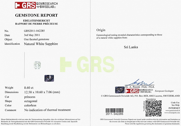 GRS certificate 8.60 ct White Sapphire